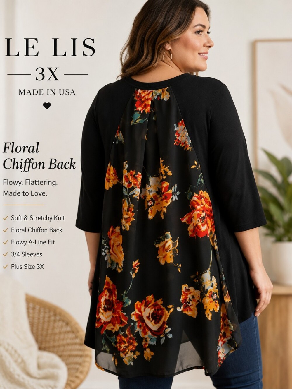 Le Lis 3X Black Floral Chiffon Back Tunic Top Plus Size Made USA